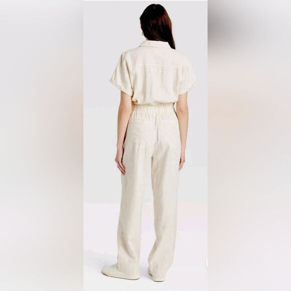 Universal Thread Women's Short Sleeve Linen Boilersuit Casual Jumpsuit Cream 8 - Picture 2 of 6
